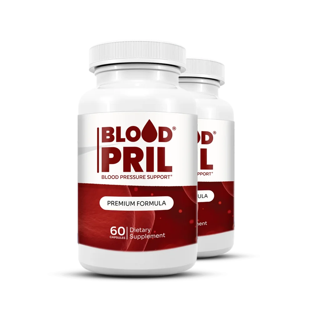 BloodPril two-bottle package showing the 60-capsule blood pressure support label