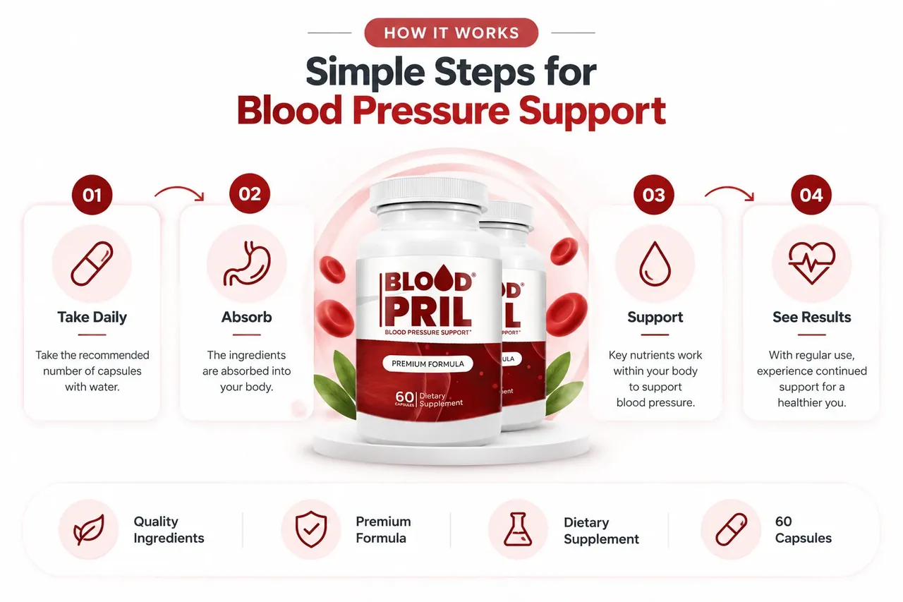 BloodPril how it works diagram: take daily, absorb, support and see results